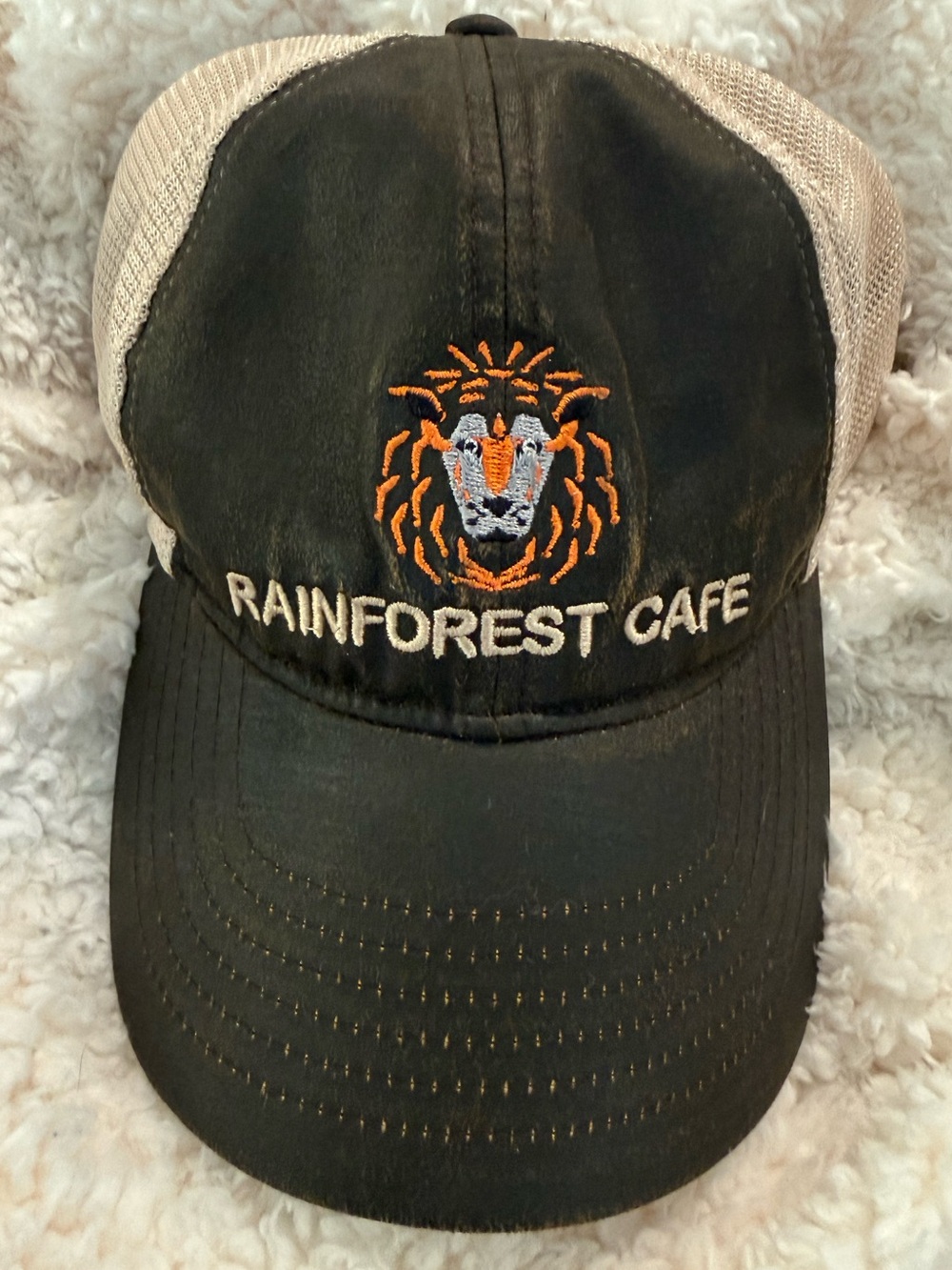 Rainforest Cafe, Brown Faux Leather, Tan Mesh  Cap; Orange, Silver & Tan Stitch